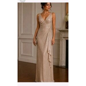 Oleg Cassini Champagne  Metallic Formal Maxi Dress Size 14 NWT  $179